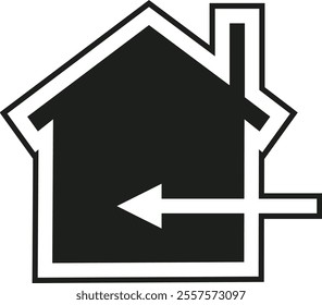 A simple black and white house icon with an entry arrow symbolizing a return home or a safe place.