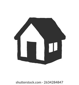 Simple black and white house icon with pitched roof and window