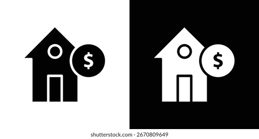 Simple black and white house icon with dollar sign, representing real estate or home finance. Two versions shown.