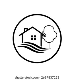 Un sencillo logo de la casa en blanco y negro con un diseño minimalista y limpio.