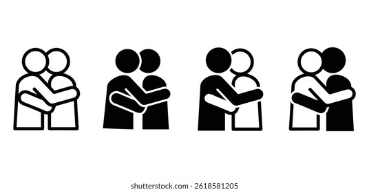 Simple Black and White Hug Icons Variations of Embracing Human Figures Vector Design Illustration