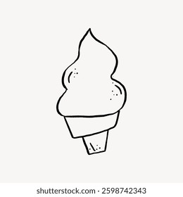Simple black and white ice cream cone illustration. Ice cream with swirls, ice cream cone sketch,  drawing. Minimalist ice cream art. Doodle illustration vector.
