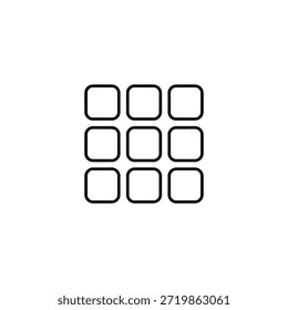 Icono simple en blanco y negro de una cuadrícula de 3x3 con cuadrados redondeados, comúnmente utilizado para menús o lanzadores de App.
