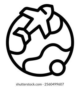 Simple black and white icon of an airplane flying around the world