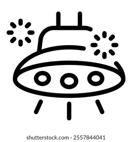 Simple black and white icon of an alien spaceship flying with lights flashing