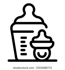 Simple black and white icon of a baby bottle with measurement lines and a pacifier