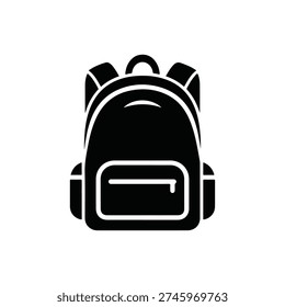 A simple black and white icon of a backpack, perfect for representing travel and school supplies. isolated on white background, Vector, illustration