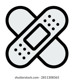 A simple black and white icon of a band aid crossed over itself on a plain background