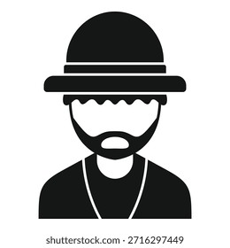 Icono blanco y negro simple de un hombre barbudo que lleva un casco de pith de safari, que representa a un explorador o cazador