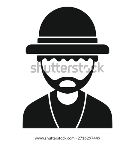 Simple black and white icon of a bearded man wearing a safari pith helmet, representing an explorer or hunter