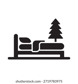 Einfaches schwarz-weißes Symbol eines Bettes mit einem Baum daneben