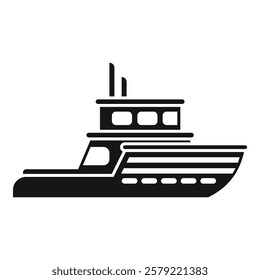 Simple black and white icon of a big modern yacht sailing on water surface