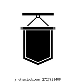 Un simple ícono en blanco y negro de un banderín en blanco colgando de una barra Horizontal, listo para un diseño personalizado o texto.
