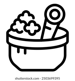 Simple black and white icon of a bowl with ingredients being mixed by a whisk