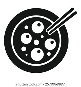 Simple black and white icon of a bowl of soup with chopsticks resting on top