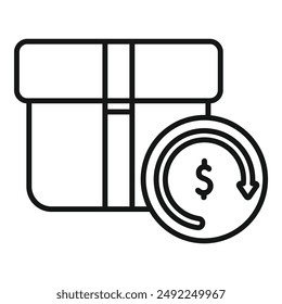 Icono simple en blanco y negro de una caja con un símbolo de garantía de devolución de dinero