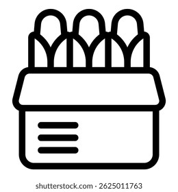 Simple black and white icon of a box containing fresh baguettes, ideal for bakery and food related designs