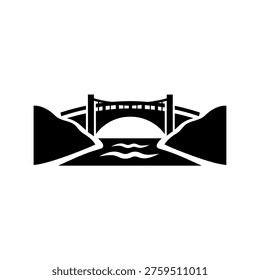 A simple black and white icon of a bridge spanning over a body of water, with land on both sides.