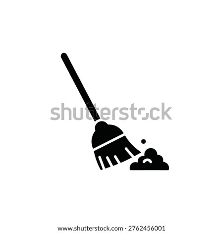 A simple black and white icon of a broom sweeping away dirt and dust.