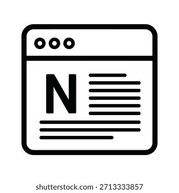 Ícone simples em preto e branco de uma janela do navegador exibindo um artigo de notícias ou documento com texto