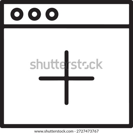 A simple black and white icon of a browser window featuring three circles at the top and a plus sign in the center on a clean white background