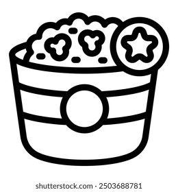 Simple black and white icon of a bucket overflowing with popcorn, ideal for representing the best movie theater snacks