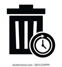 A simple black and white icon of a building with a clock on the side, symbolizing time and architecture