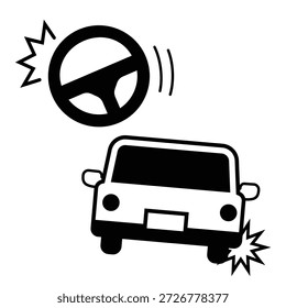 Einfaches schwarz-weißes Symbol eines Autos, das sich an einem alten Lenkrad lehnt