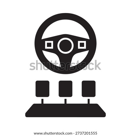 Simple black and white icon of a car steering wheel and pedals
