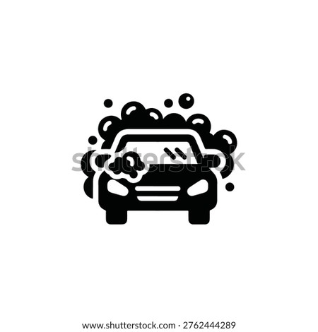 A simple black and white icon of a car being washed with soap suds and bubbles