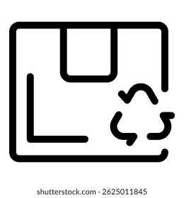 Simple black and white icon of a cardboard box with a recycling symbol, representing eco friendly shipping and packaging practices