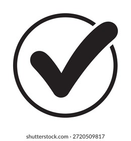 Einfaches schwarz-weißes Symbol eines Häkchens in einer kreisförmigen Umrisslinie