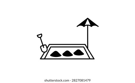 Simple black and white icon of a children sandbox with a shovel stuck in the sand and an umbrella beside it.