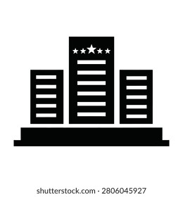 A simple black and white icon of a cityscape with a prominent building featuring star ratings