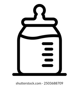 Icono blanco y negro simple de un biberón clásico lleno de leche, perfecto para representar el cuidado y la nutrición del bebé