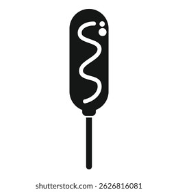 Simple black and white icon of a classic corn dog with mustard
