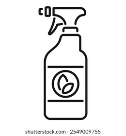 Icono blanco y negro simple de una botella de aerosol del producto de limpieza con el símbolo de la hoja de la planta para los ingredientes naturales