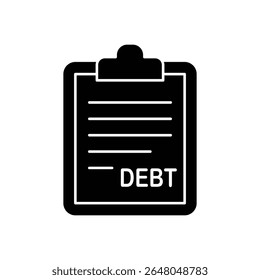 Simple black and white icon of a clipboard with debt written on it.