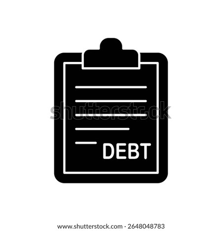 Simple black and white icon of a clipboard with debt written on it.
