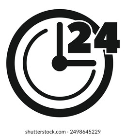 Simple black and white icon of a clock showing 24 hours, indicating something is available all day and night