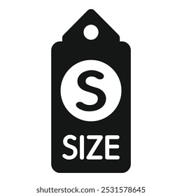 Simple black and white icon of a clothing tag showing size s for small