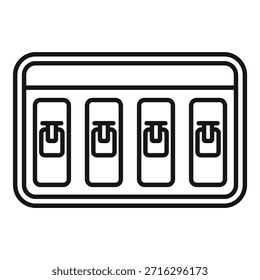 Icono blanco y negro simple de un panel de control con cuatro interruptores de palanca que muestran la posición de encendido