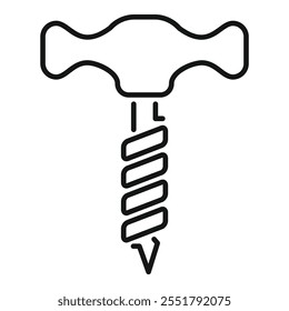 Simple black and white icon of a corkscrew with a wooden handle being used to open a bottle of wine