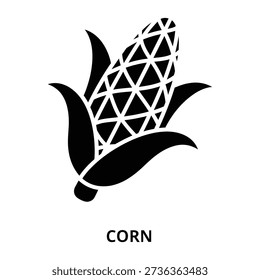 A simple black and white icon of a corn cob with kernels and husk, representing agriculture and food.