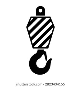 Simple black and white icon of a crane hook with diagonal stripes for warning. Minimalist industrial symbol suitable for safety signs, construction, and logistics.