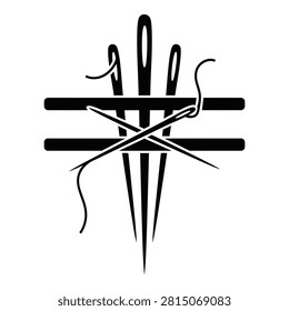 Simple black and white icon of crossed knitting needles with yarn. Perfect symbol for crafting, knitting, needlework, and textile hobbies.
