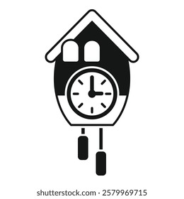 Simple black and white icon of a cuckoo clock striking, showing the time passing by