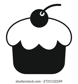 Einfache schwarz-weiße Ikone eines Cupcakes mit einer Kirsche, perfekt für die Darstellung von Bäckerei, Dessert und Süße