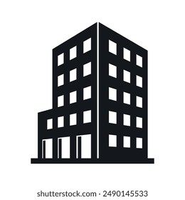 A simple, black and white icon depicting a modern office building in perspective.