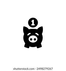 A simple black and white icon depicting a stylized piggy bank with the number 1 displayed prominently, symbolizing financial savings, wealth, and the concept of being number one.